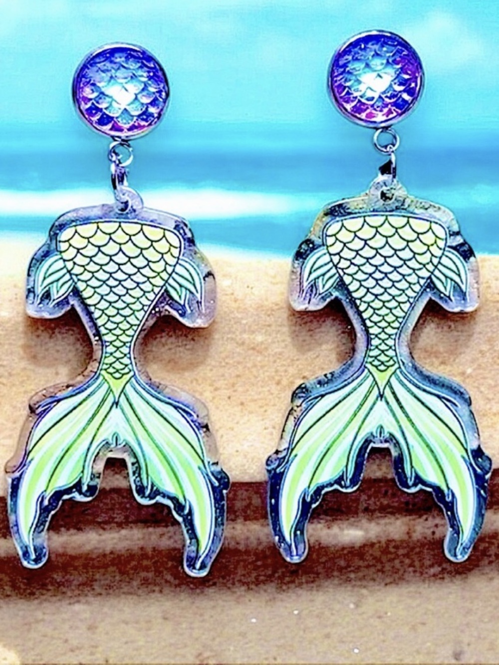 Mermaid Tail Dangle Earrings with Iridescent Scales NWT